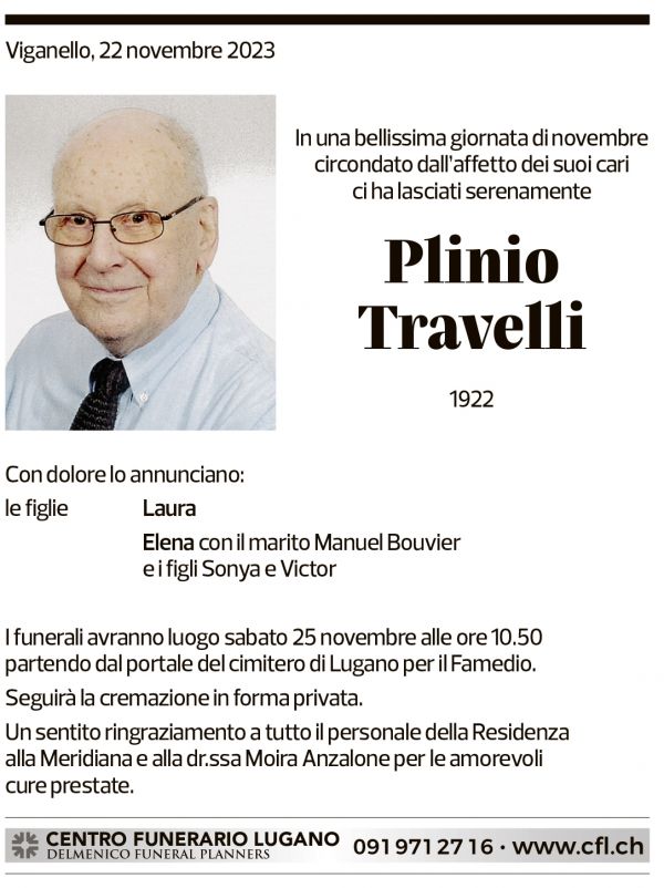 Annuncio funebre Plinio Travelli