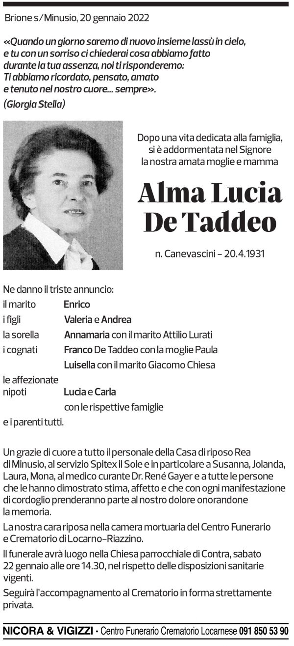 Annuncio funebre Anna Lucia De Taddeo