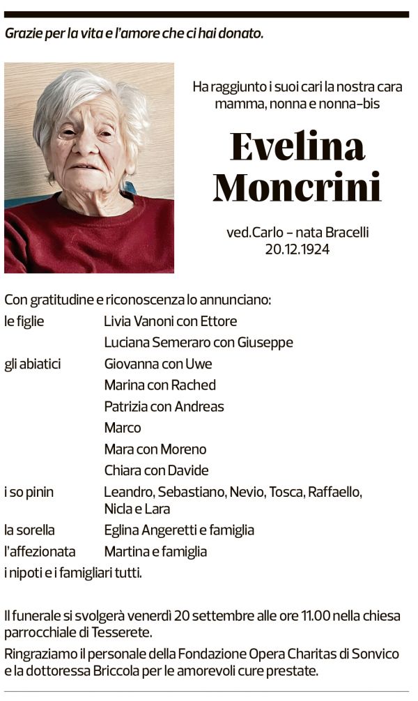 Annuncio funebre Evelina Moncrini