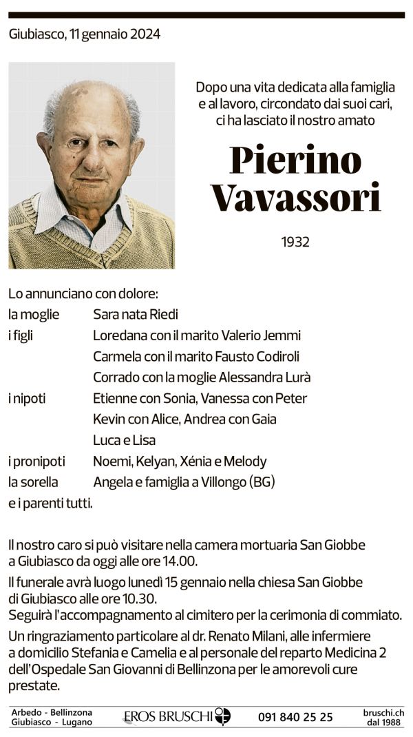 Annuncio funebre Pierino Vavassori