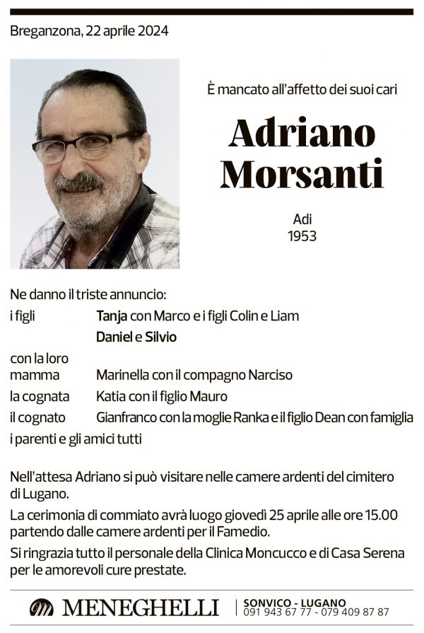 Annuncio funebre Adriano Morsanti