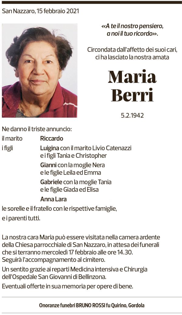 Annuncio funebre Maria Berri