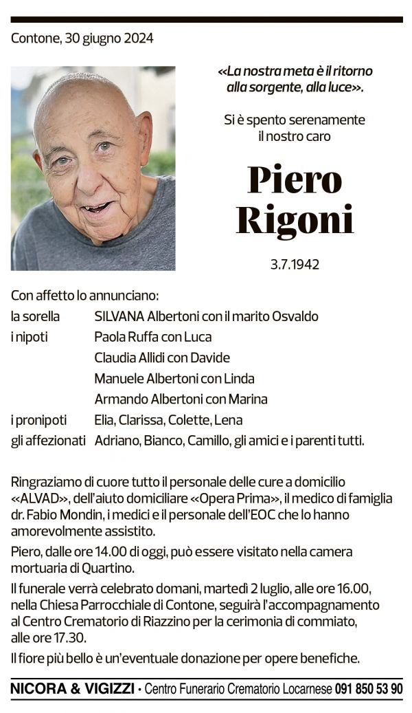 Annuncio funebre Piero Rigoni