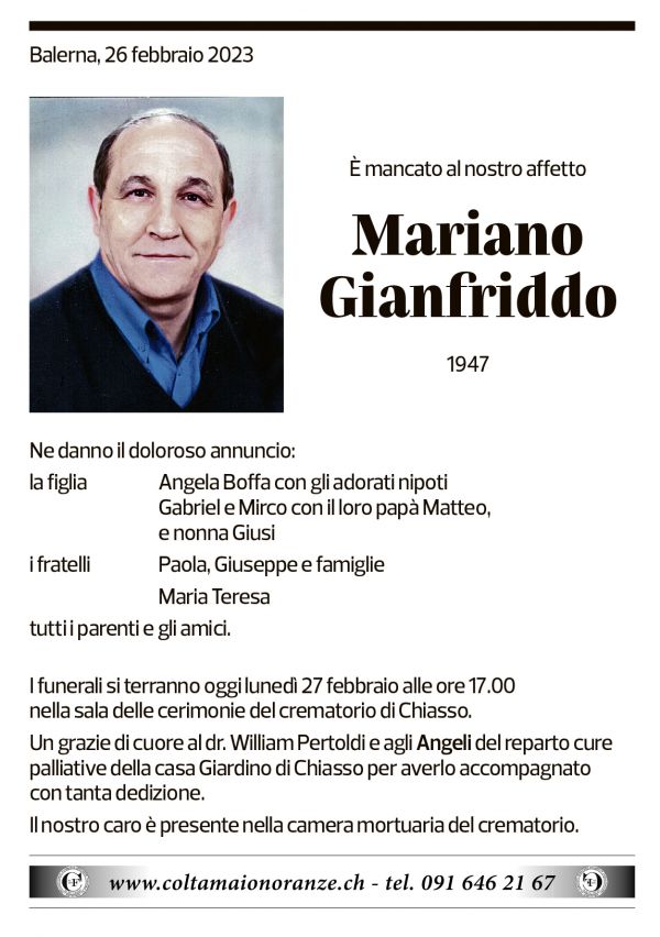 Annuncio funebre Mariano Gianfriddo