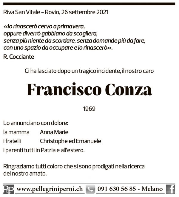 Annuncio funebre Francisco Conza