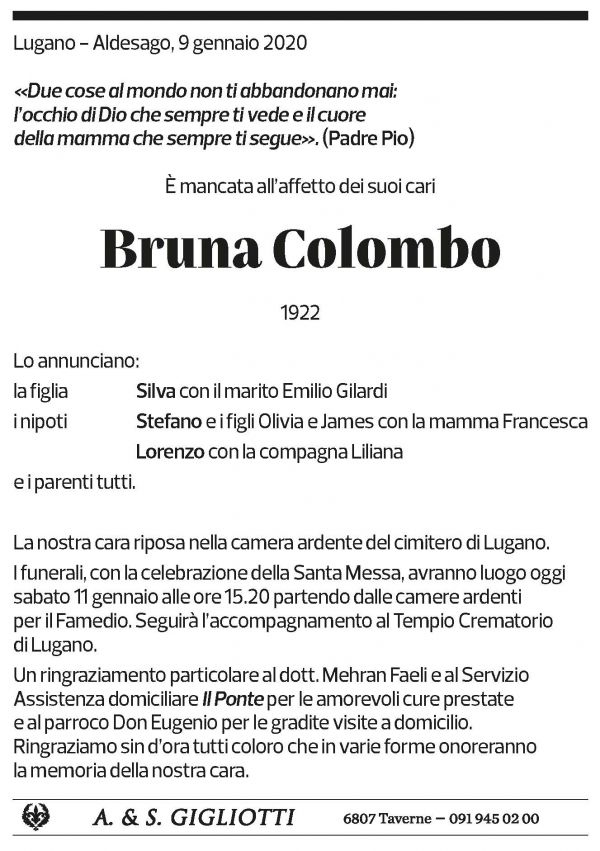 Annuncio funebre Bruna Colombo