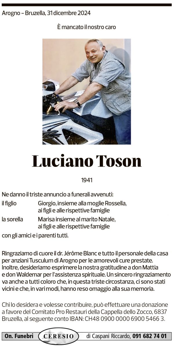 Annuncio funebre Luciano Toson