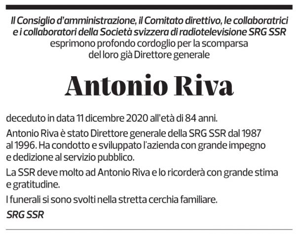 Annuncio funebre Antonio Riva