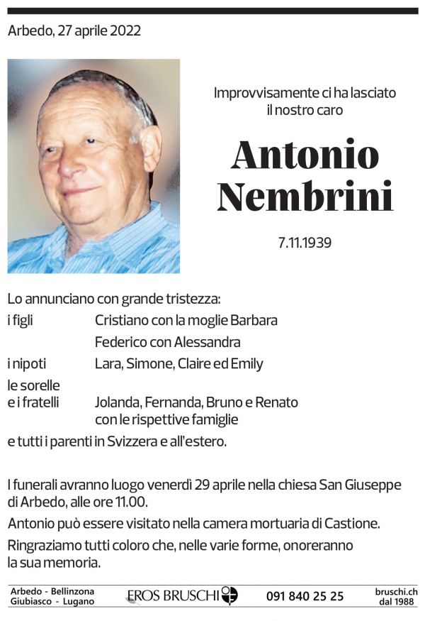 Annuncio funebre Antonio Nembrini