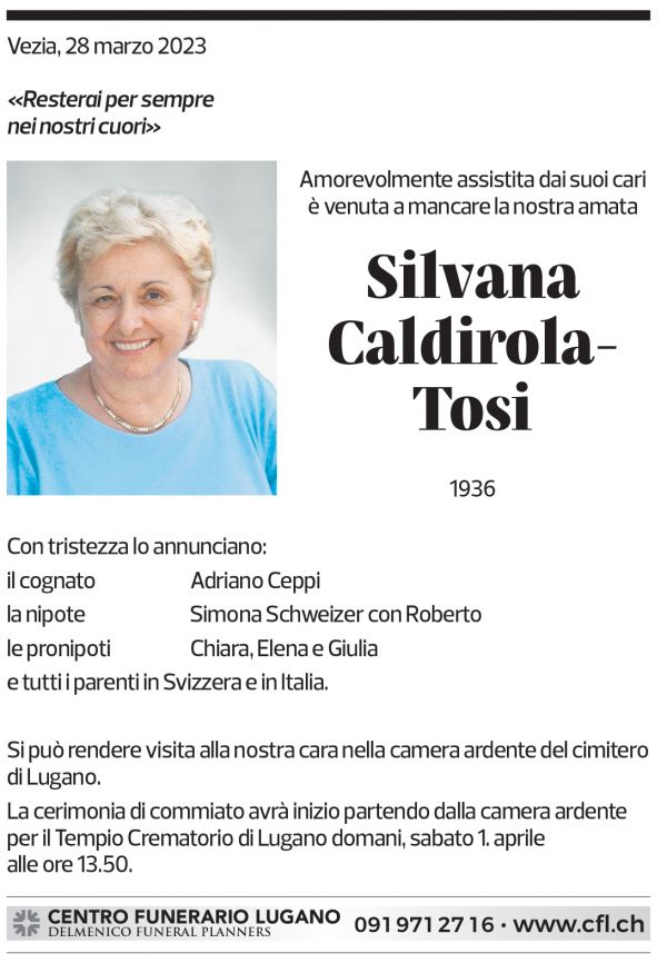 Annuncio funebre Silvana Caldirola-tosi