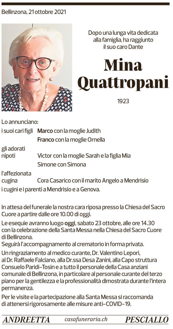 Annuncio funebre Mina Quattropani