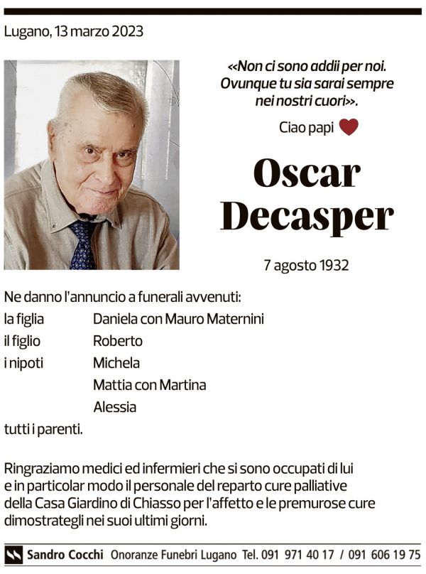 Annuncio funebre Oscar Decasper