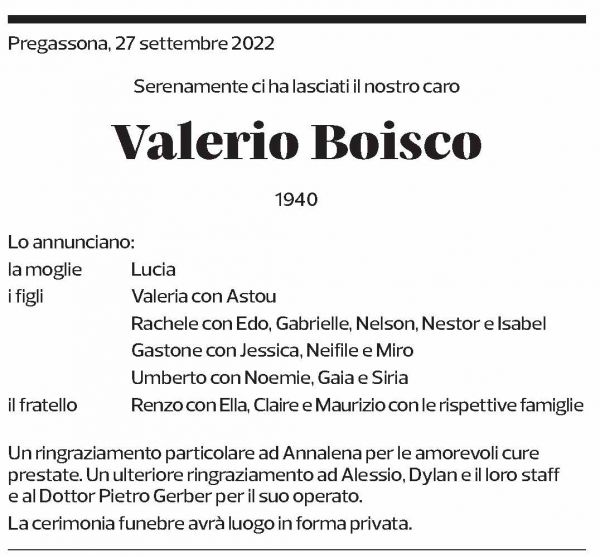 Annuncio funebre Valerio Boisco