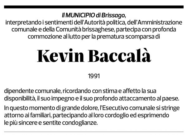 Annuncio funebre Kevin Baccalà