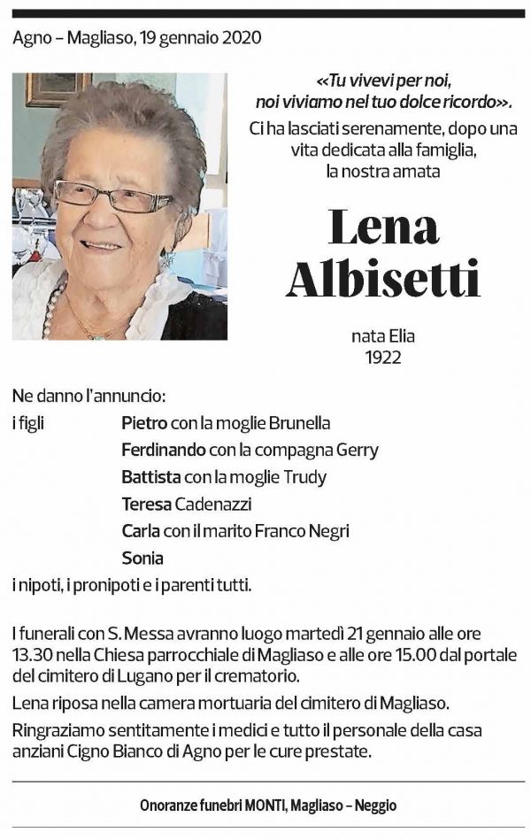 Annuncio funebre Lena Albisetti