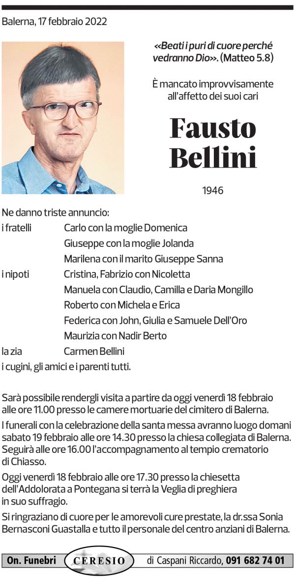 Annuncio funebre Fausto Bellini