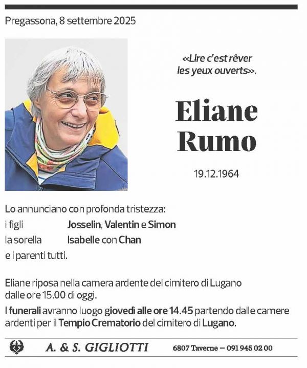 Annuncio funebre Eliane Rumo