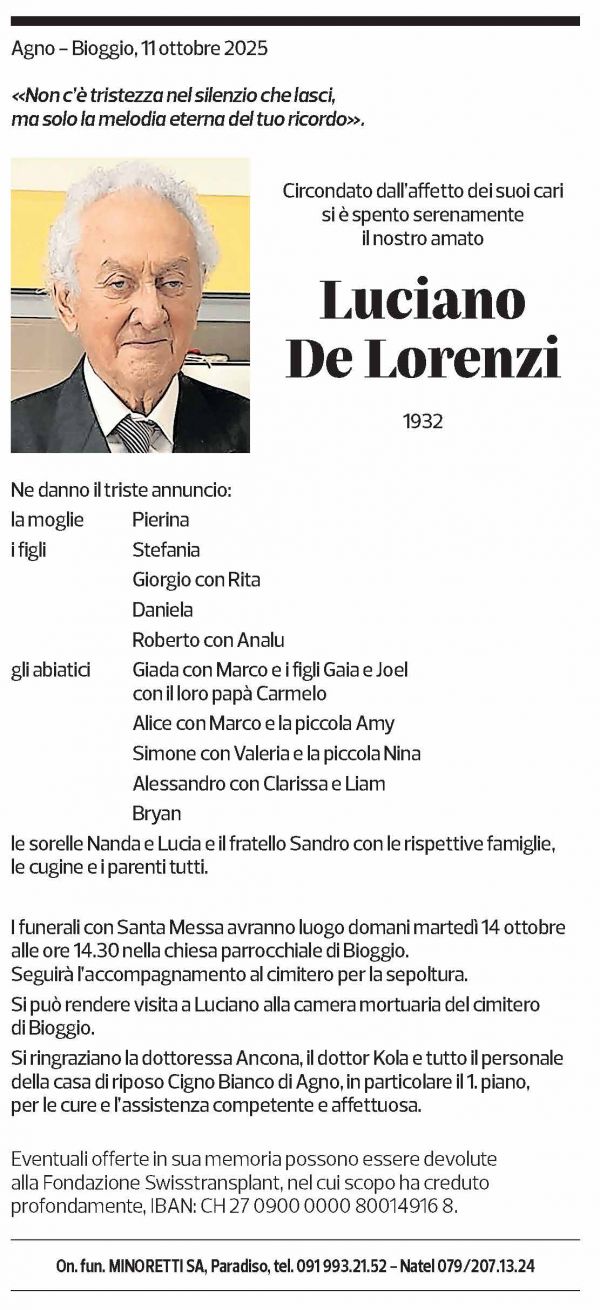 Annuncio funebre Luciano De Lorenzi