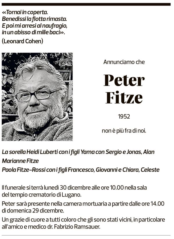 Annuncio funebre Peter Fitze