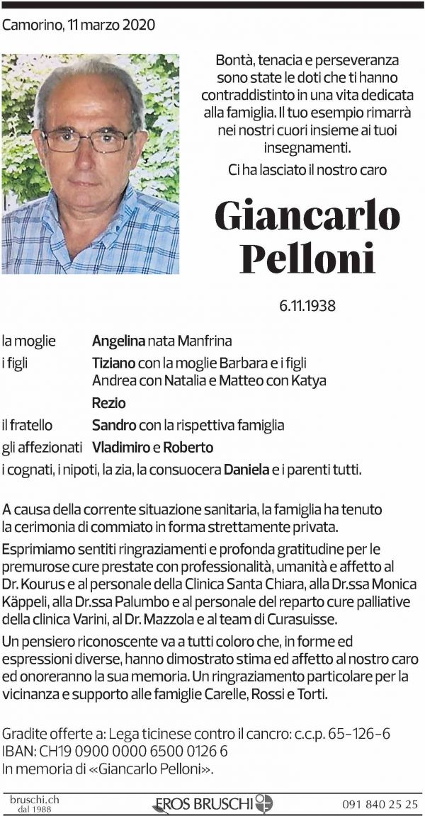 Annuncio funebre Giancarlo Pelloni