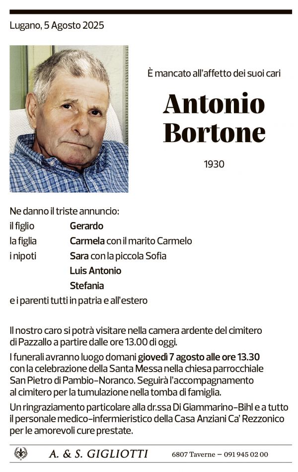 Annuncio funebre Antonio Bortone