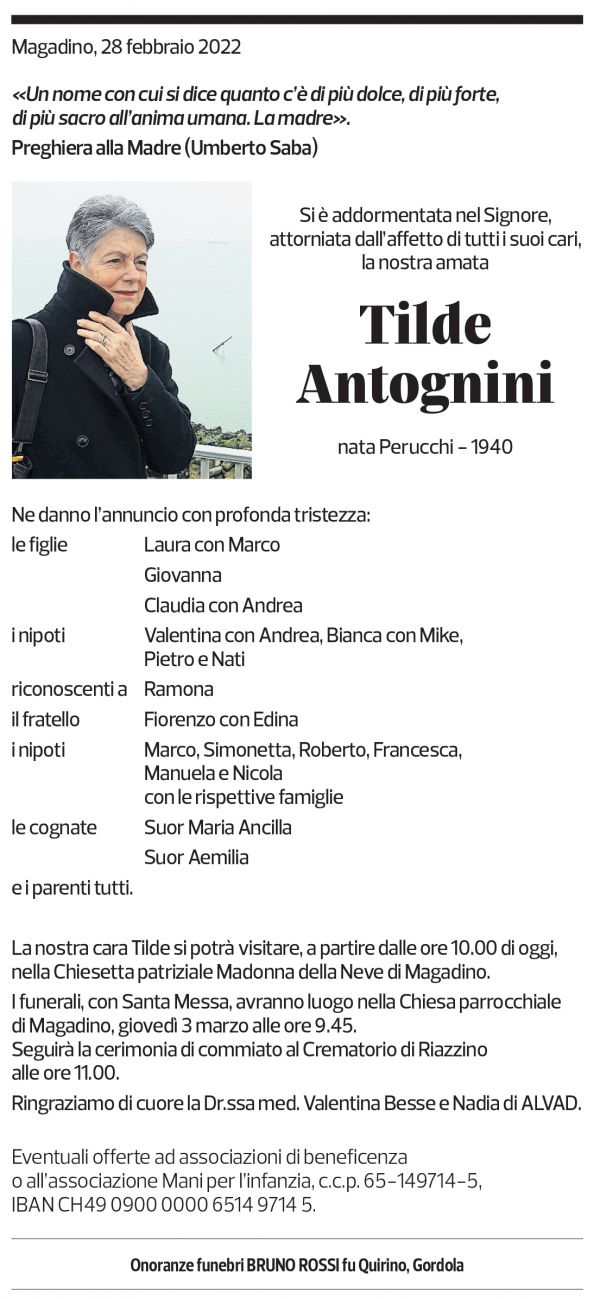 Annuncio funebre Tilde Antognini