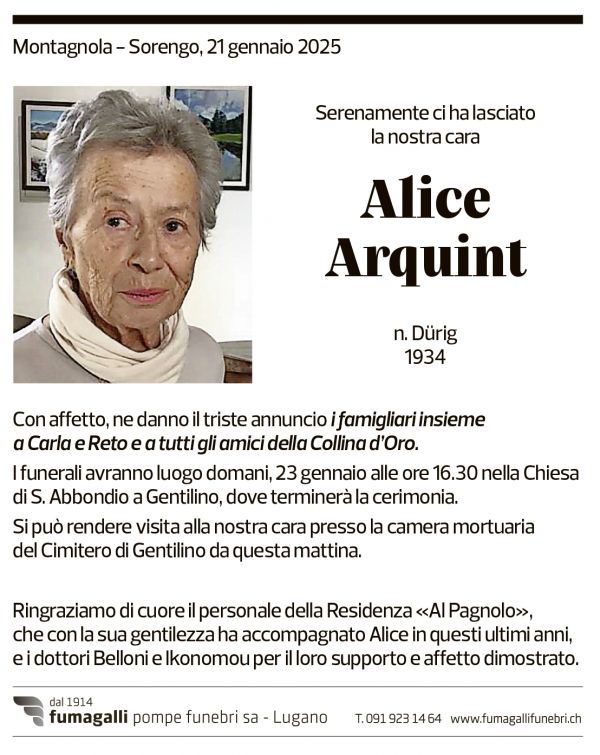 Annuncio funebre Alice Arquint