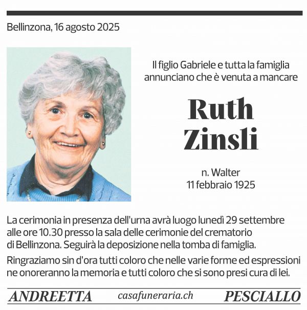 Annuncio funebre Ruth Zinsli