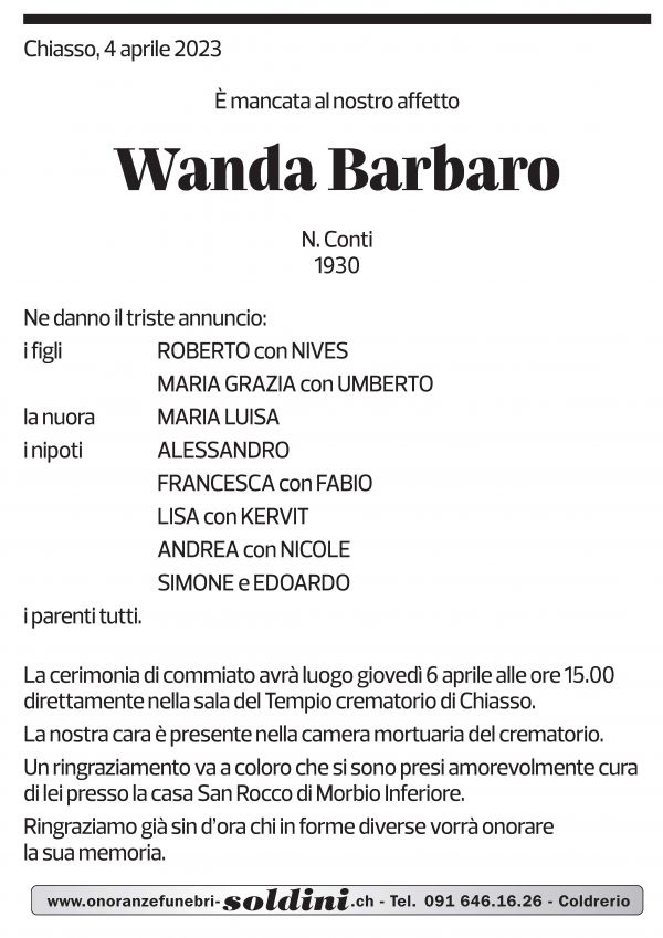 Annuncio funebre Wanda Barbaro