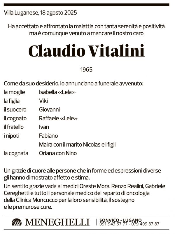 Annuncio funebre Claudio Vitalini