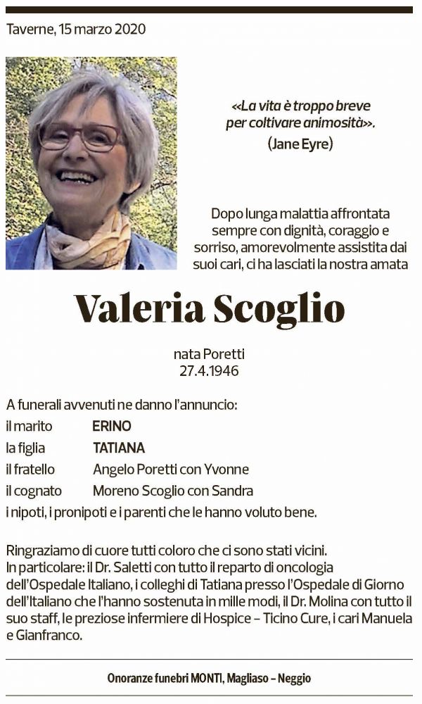 Annuncio funebre Valeria Scoglio