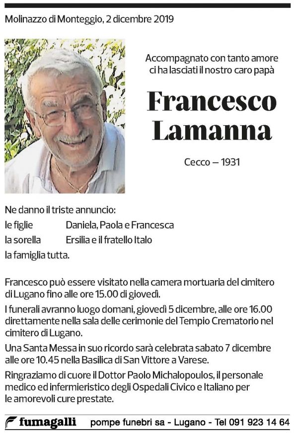 Annuncio funebre Francesco Lamanna