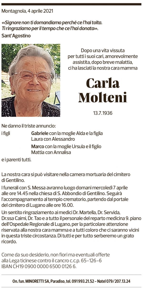 Annuncio funebre Carla Molteni