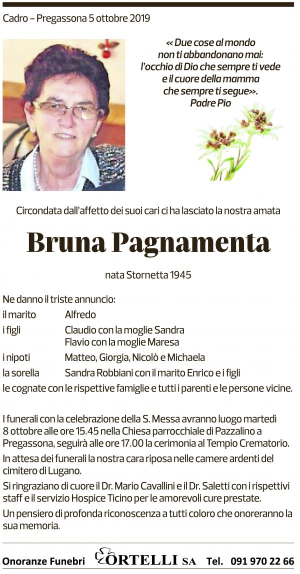 Annuncio funebre Bruna Pagnamenta