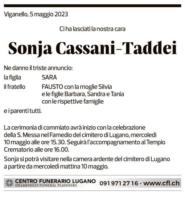 Annuncio funebre Sonja Cassani-taddei