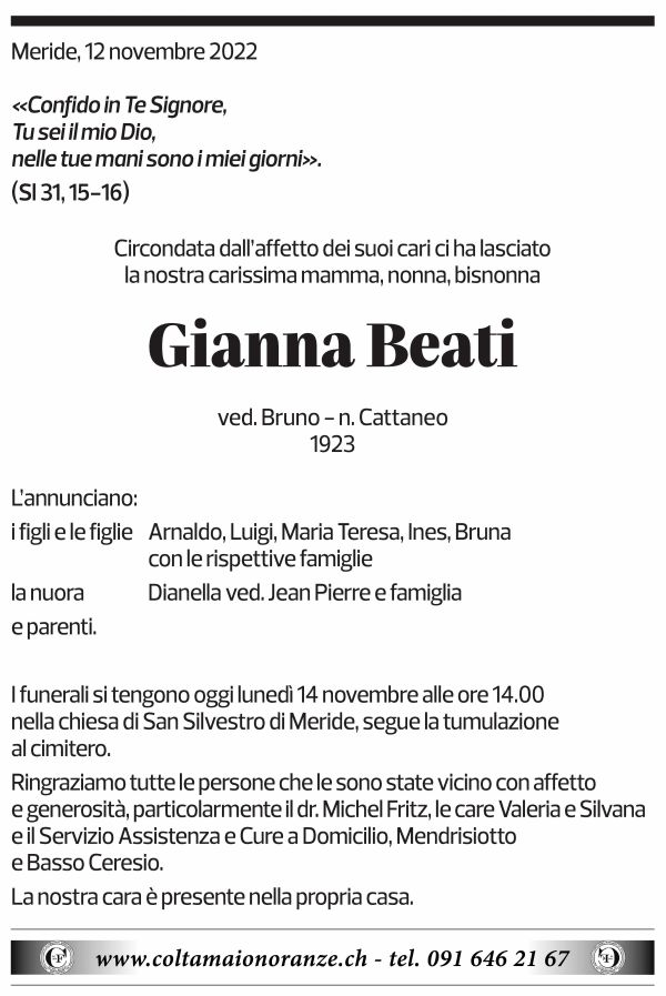 Annuncio funebre Gianna Beati