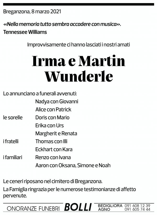 Annuncio funebre Irma E Martin Wunderle