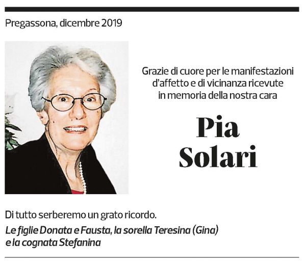 Annuncio funebre Pia Solari