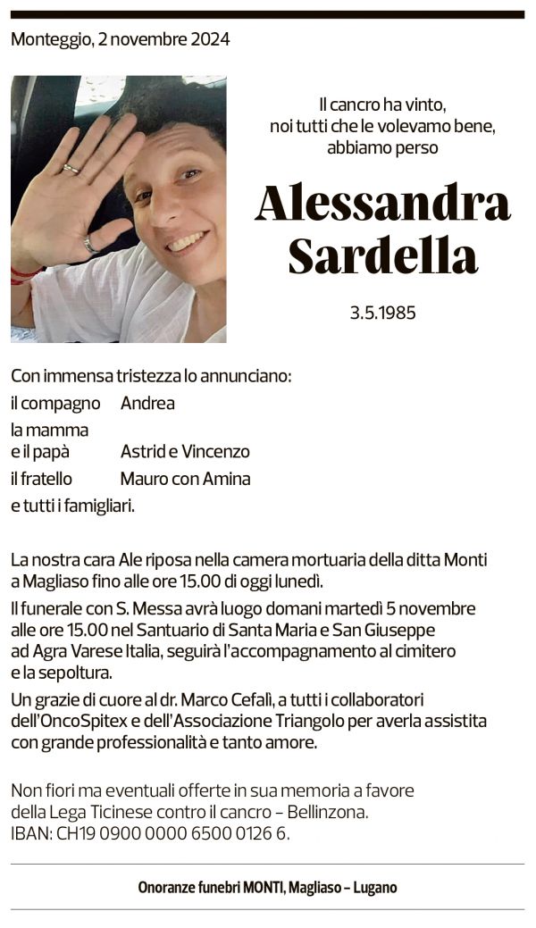 Annuncio funebre Alessandra Sardella