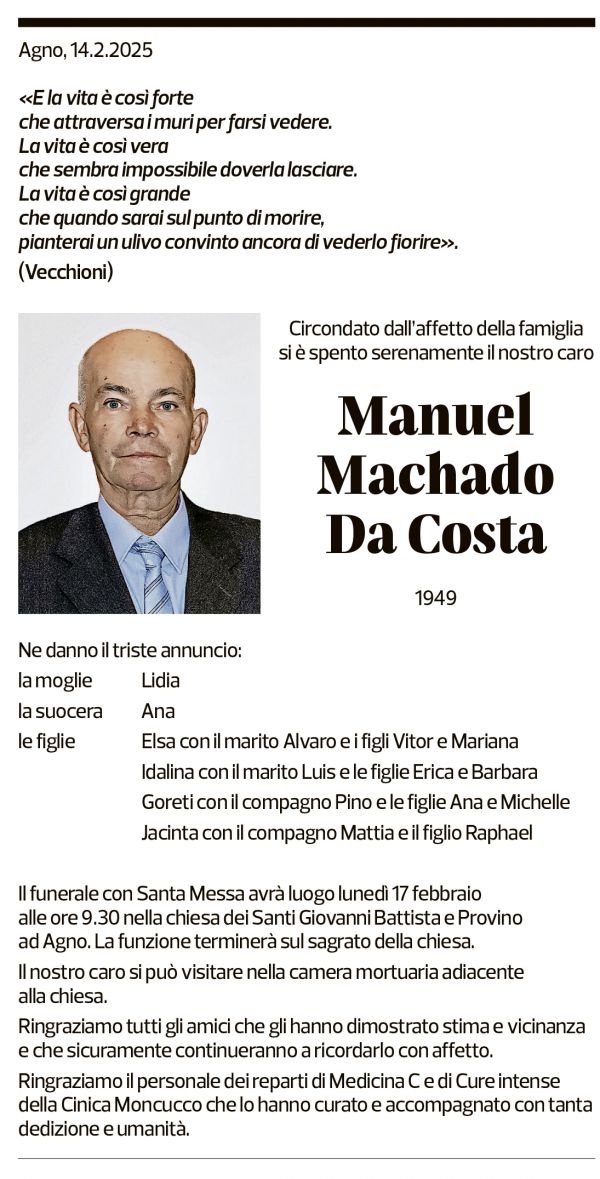 Annuncio funebre Manuel Machado Da Costa