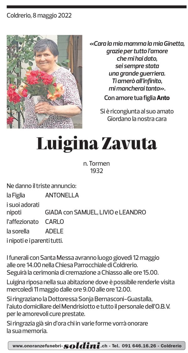 Annuncio funebre Luigina Zavuta