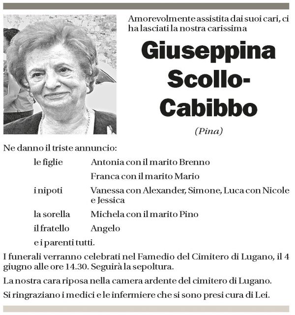 Annuncio funebre Giuseppina Scollo-cabibbo