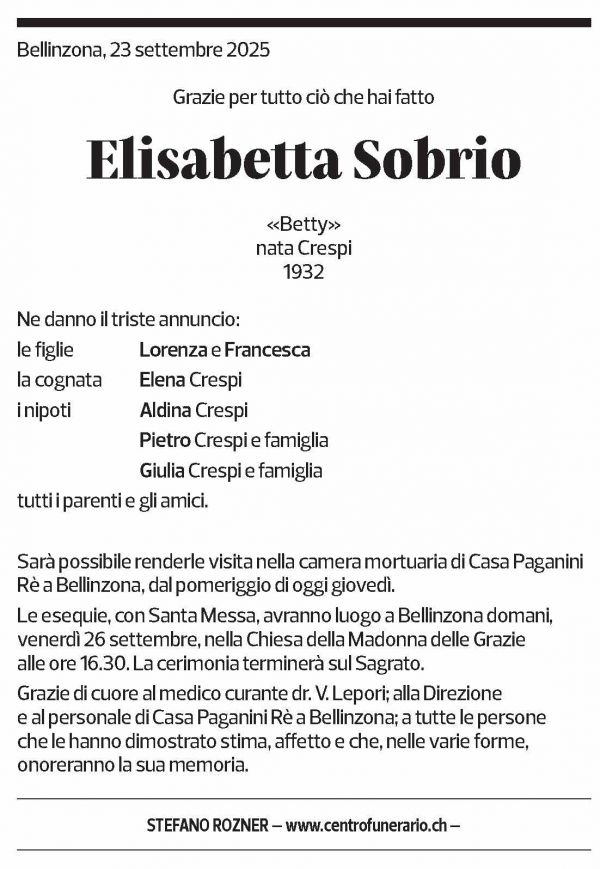 Annuncio funebre Elisabetta Sobrio