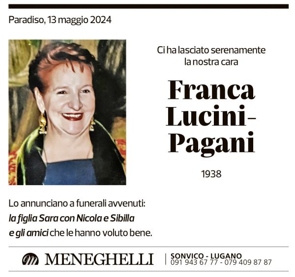 Annuncio funebre Franca Lucini-pagani