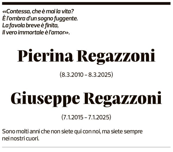 Annuncio funebre Pierina E Giuseppe Regazzoni
