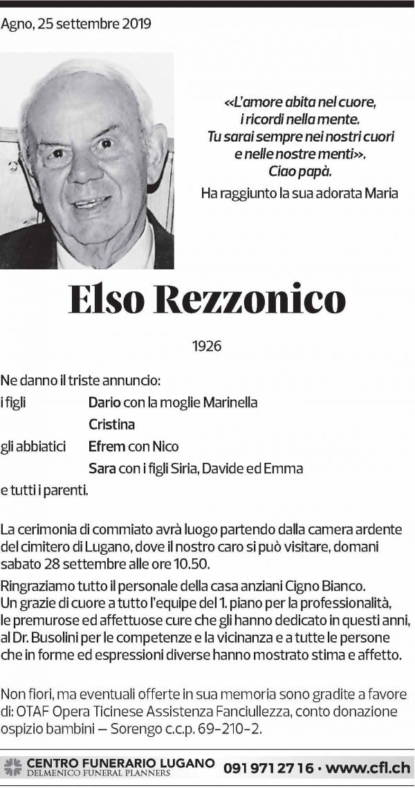 Annuncio funebre Elso Rezzonico