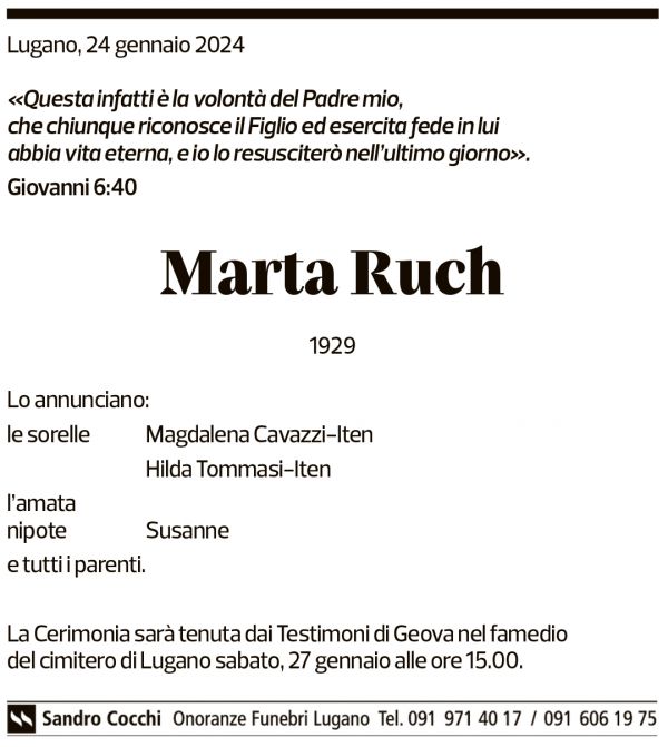 Annuncio funebre Marta Ruch