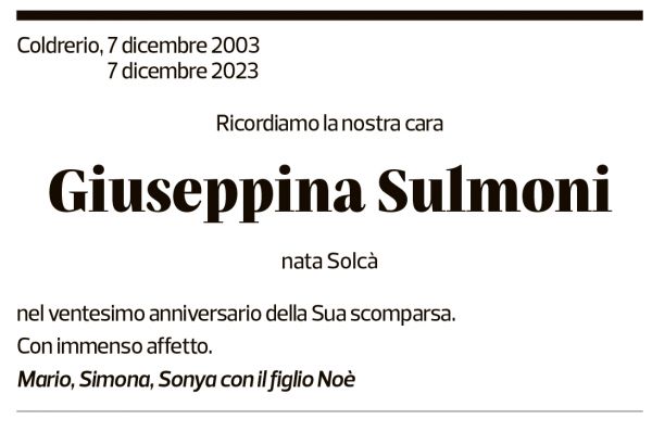 Annuncio funebre Giuseppina Sulmoni