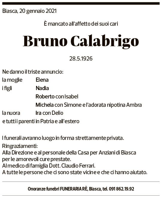 Annuncio funebre Bruno Calabrigo