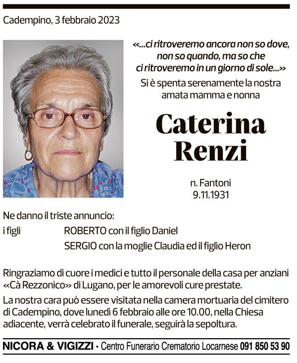 Annuncio funebre Caterina Renzi